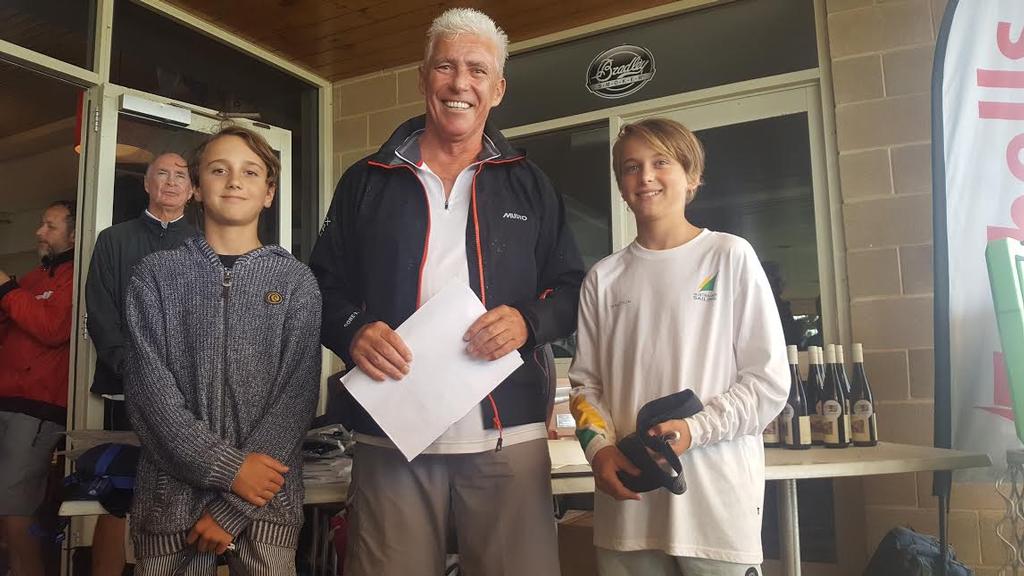 Young Guns (L-R) 12 yo Johnno Kitto, Outgoing Fleet Captain Bruce Maloney and 13 yo Will Drew  - 2017 International Etchells WA State Championships  © Mandy McEvoy